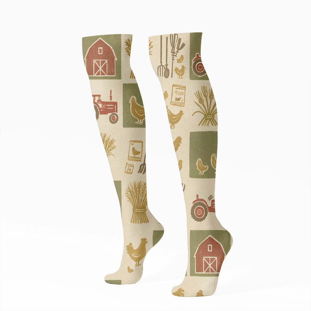 Patchwork Harvest Collage With Farmer Spotlight unique graphic knee-high socks