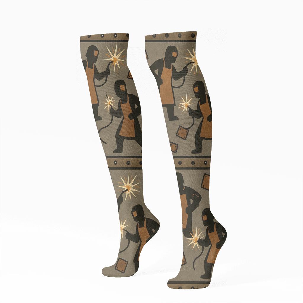 Workshop Landscape With Welder Sparks Repeat stylish athletic knee-high socks