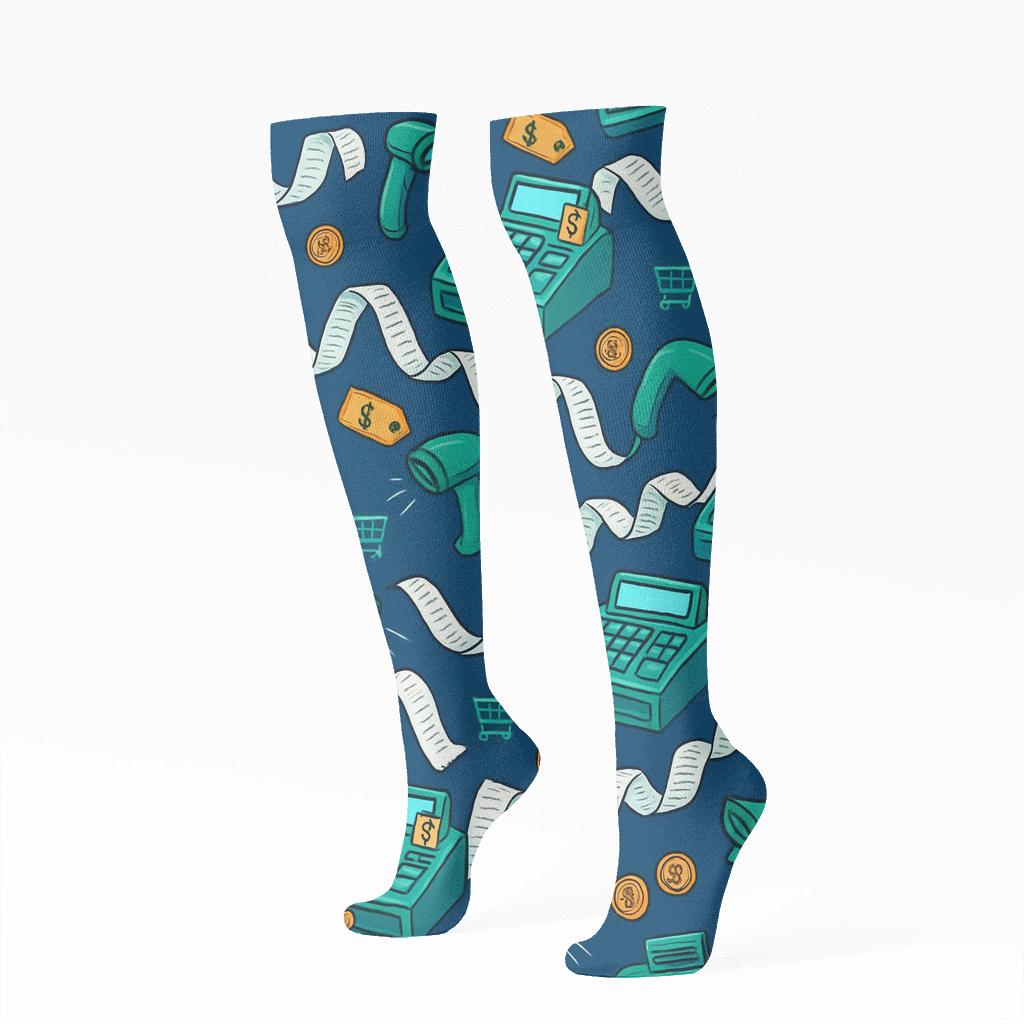 Cashier-Checkout Wave Tessellation trendy patterned knee-high socks