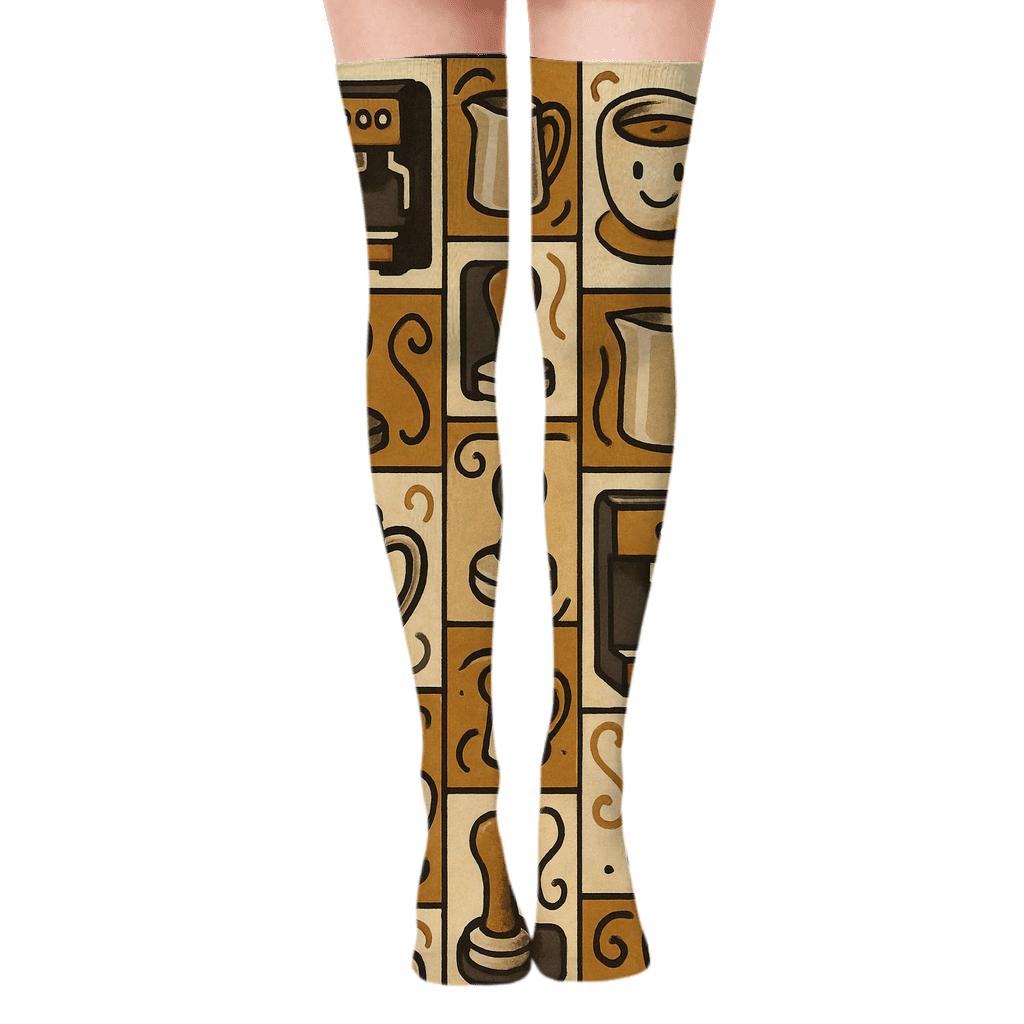 Coffeehouse Patchwork With Barista Icons stylish fashion over-the-knee socks