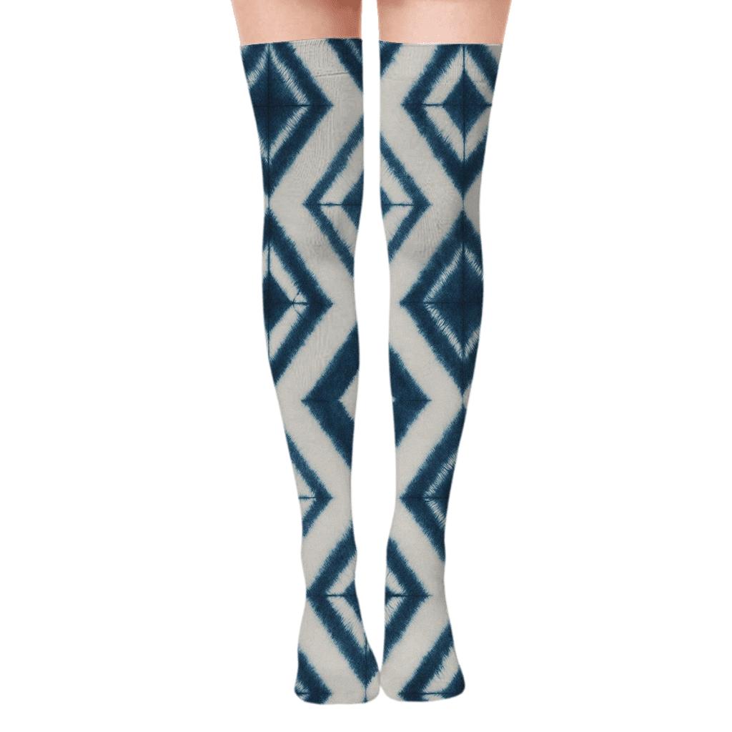 Deep Indigo Shibori Diamond Chevron Field stylish fashion over-the-knee socks