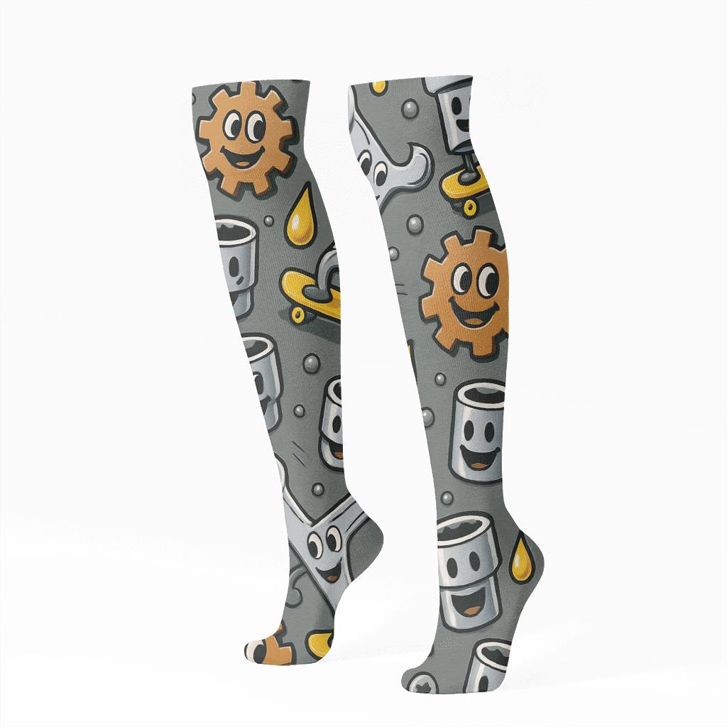 Copper And Gray Gear Carnival In Mechanic Style unique graphic knee-high socks