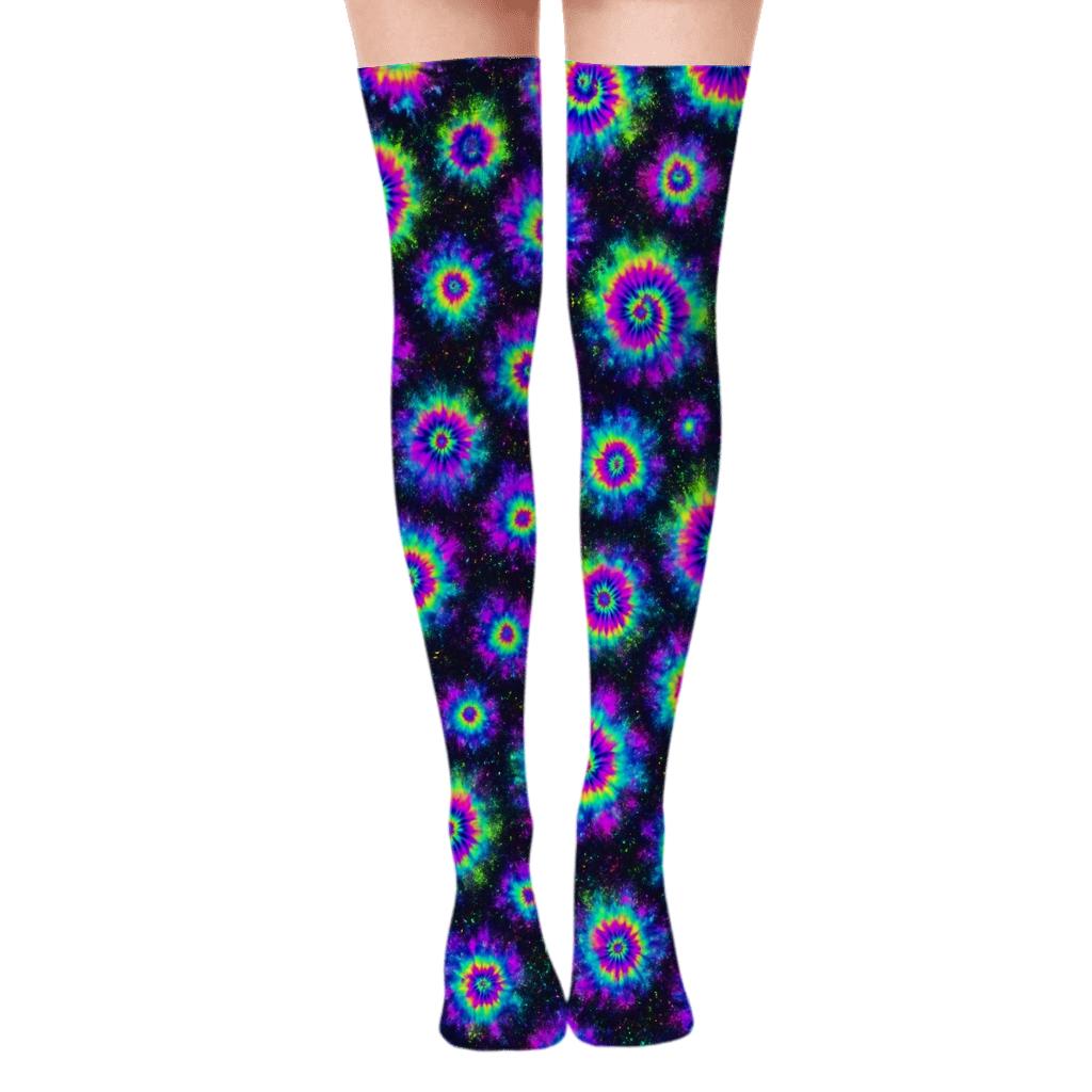 Neon Ice Dye Speckle Bullseye Constellation Grid trendy patterned over-the-knee socks