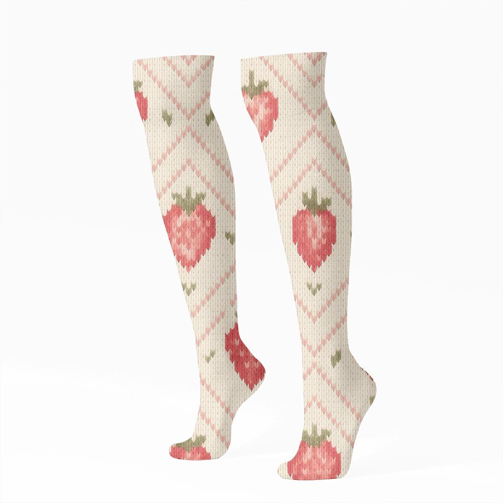 Cream Field Strawberry Seed Chevron Knit Illusion soft everyday knee-high socks