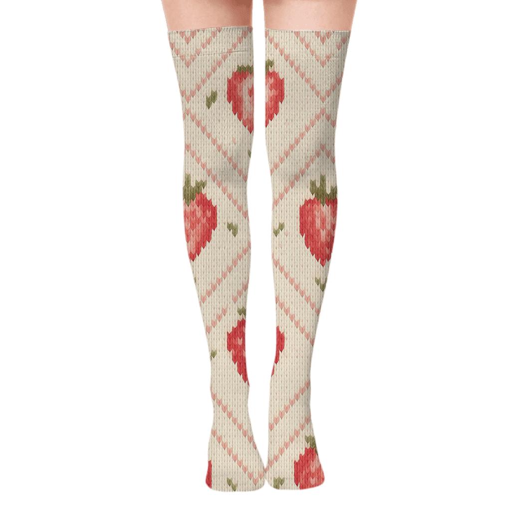 Cream Field Strawberry Seed Chevron Knit Illusion unique graphic over-the-knee socks