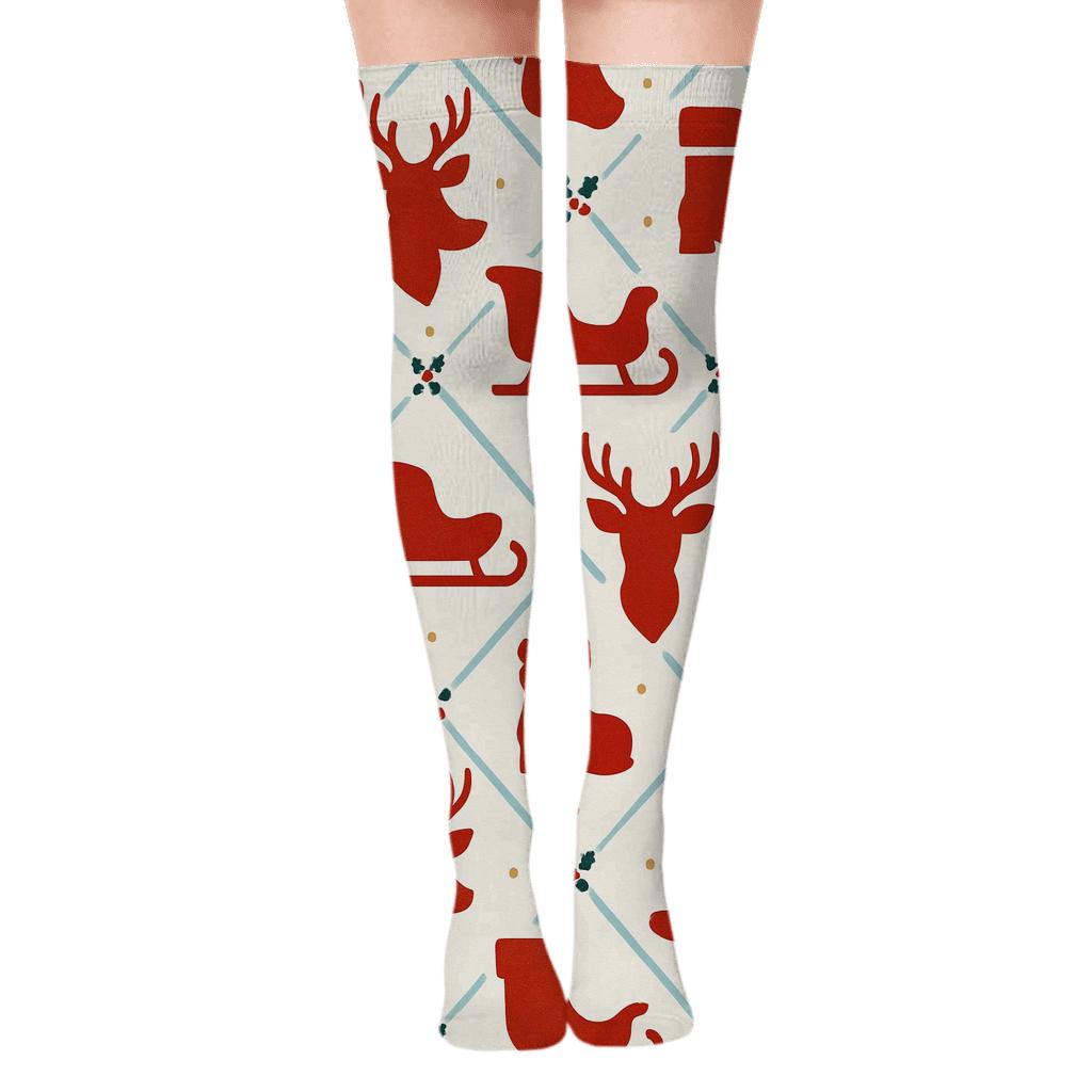 Sleigh Silhouette Lattice With Santa Claus comfortable cotton over-the-knee socks