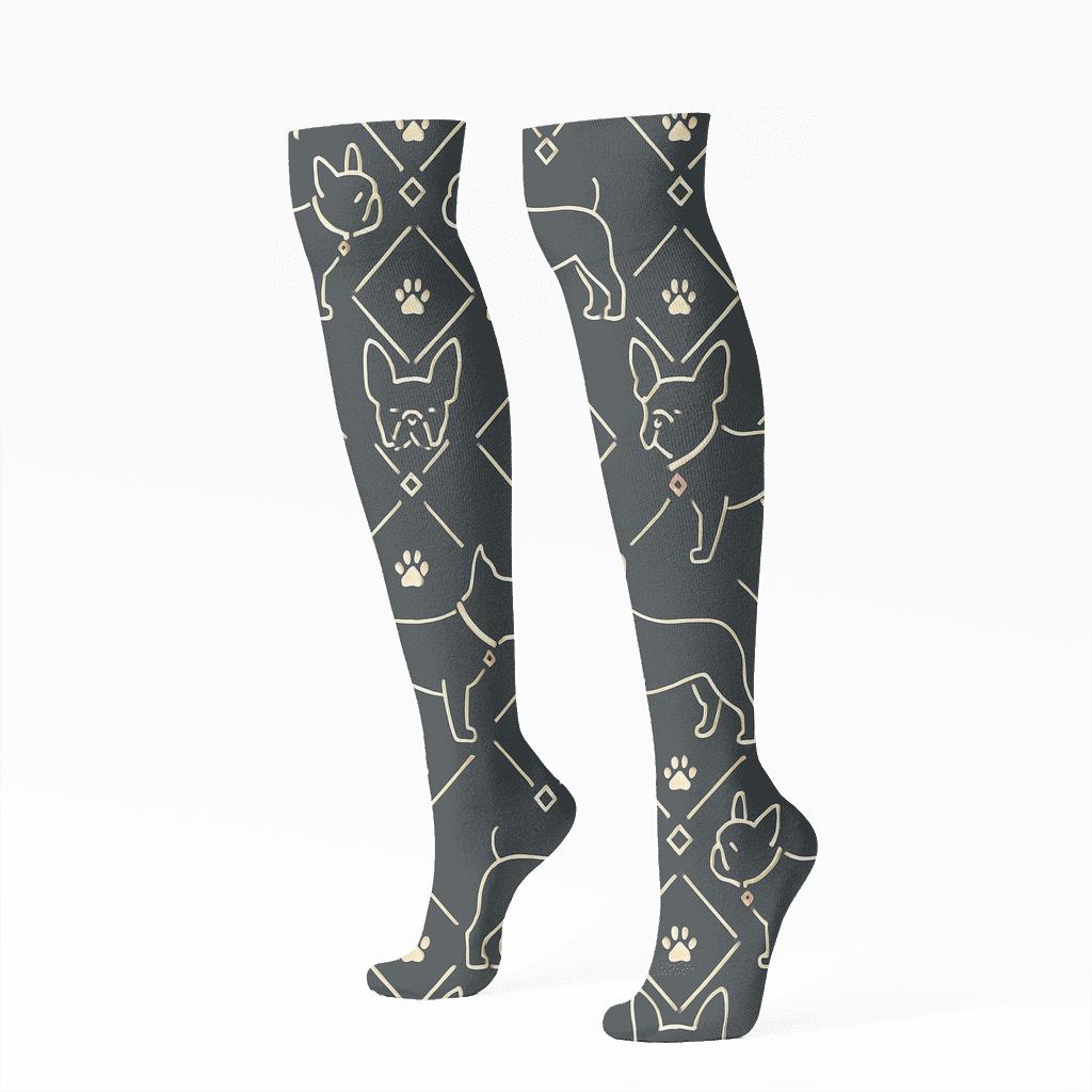 Minimal Cream Bulldog Outline Lattice On Charcoal unique graphic knee-high socks