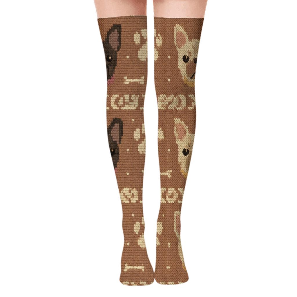 Knitted Brindle Bulldog Cozy Stripe Repeat designer print over-the-knee socks