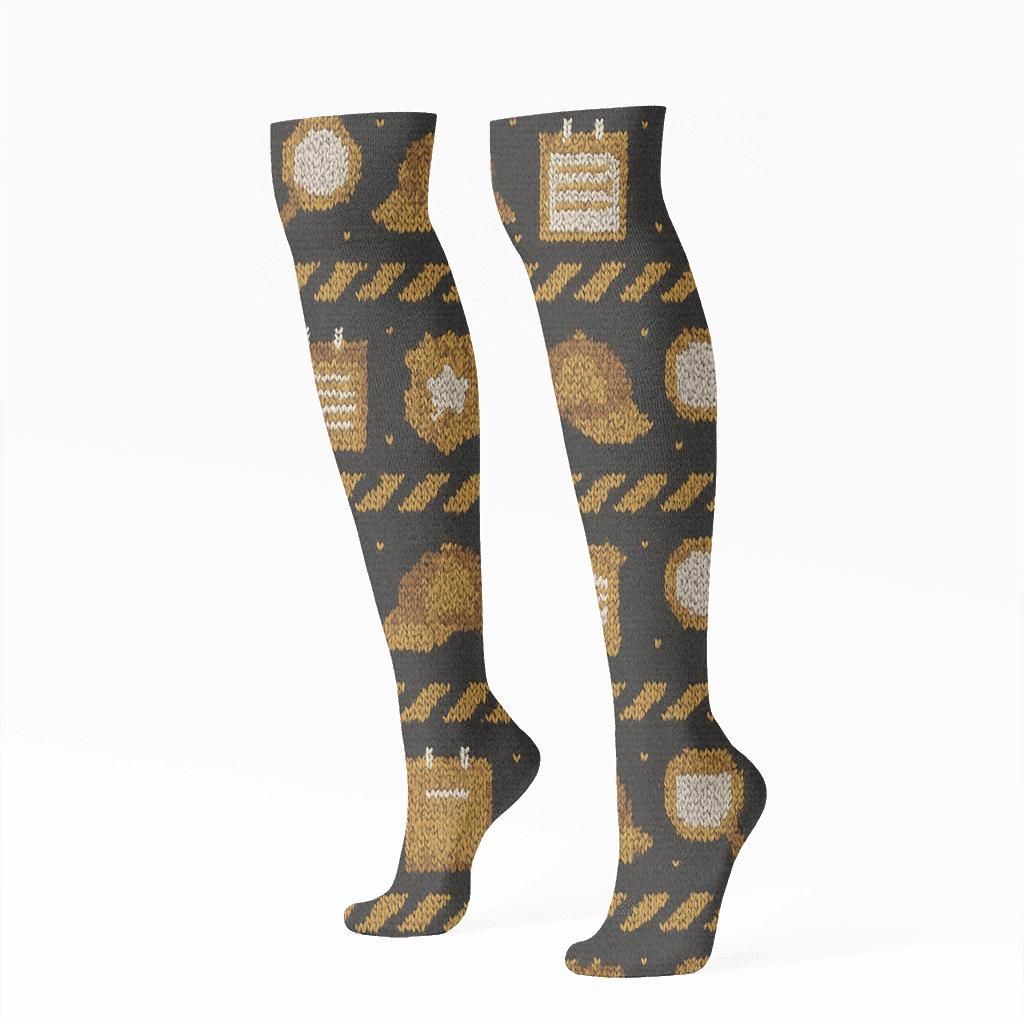 Police Detective Knit Illusion With Clue Icons stylish athletic knee-high socks