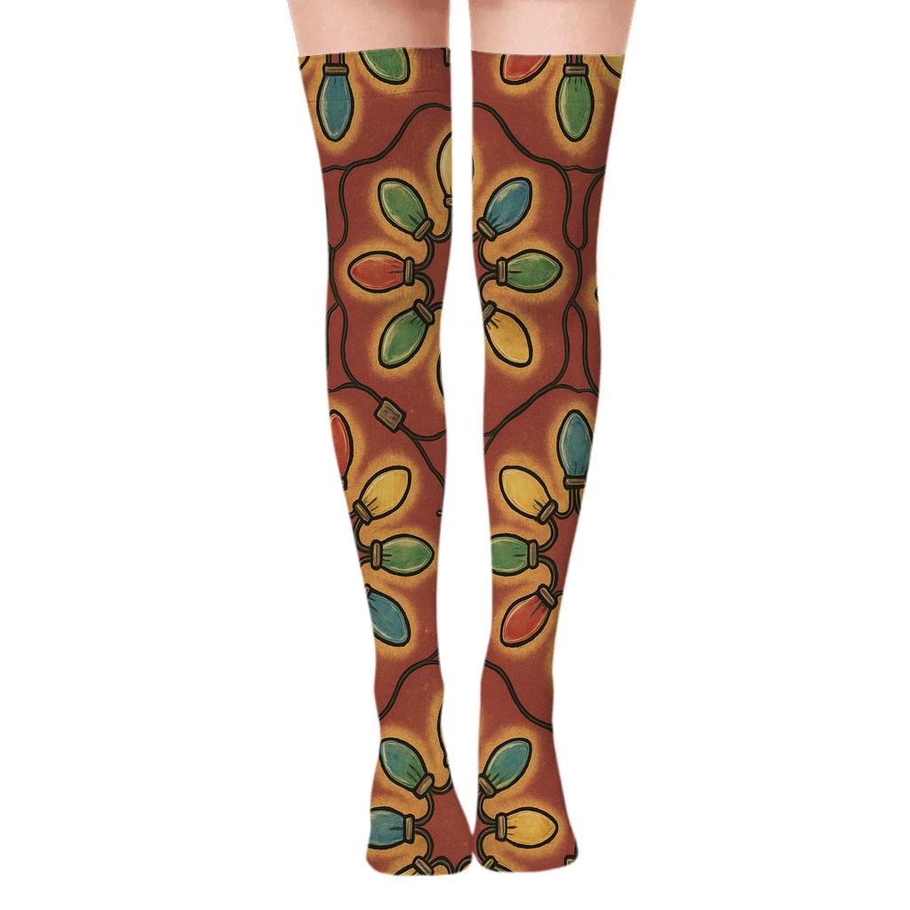 Vintage Multicolor Bulb Medallion Tile On Warm Cranberry premium cozy over-the-knee socks