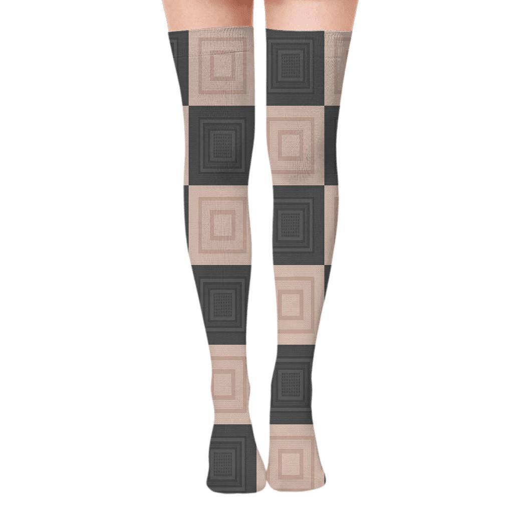 Graphite And Blush Nested Progressive Checks With Concentric Square Modules On Light Gray stylish fashion over-the-knee socks