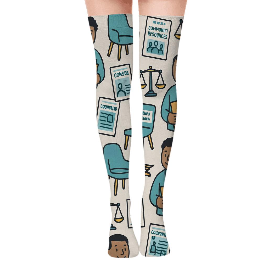 Community Counseling Pattern With Probation Officer Motifs premium cozy over-the-knee socks