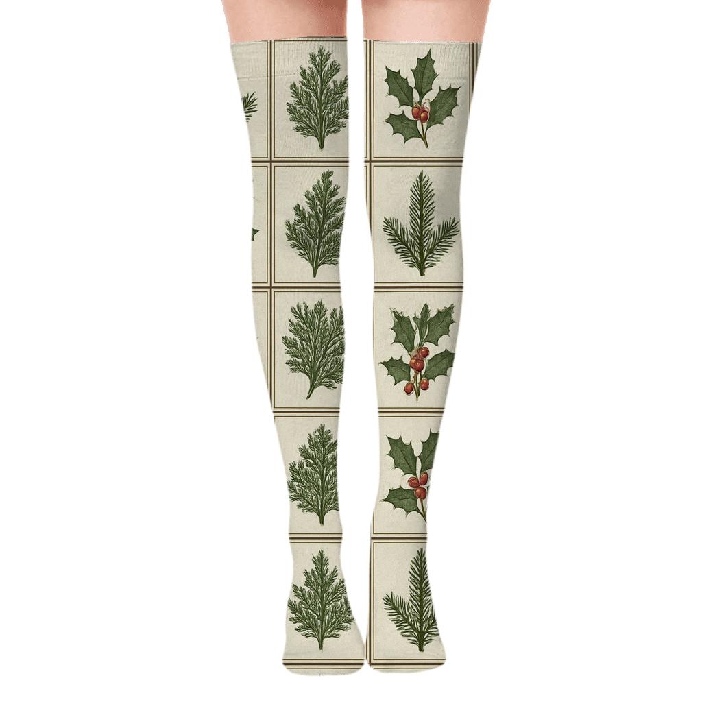 Botanical Grid With Evergreen Branches Sprig Medallions trendy patterned over-the-knee socks