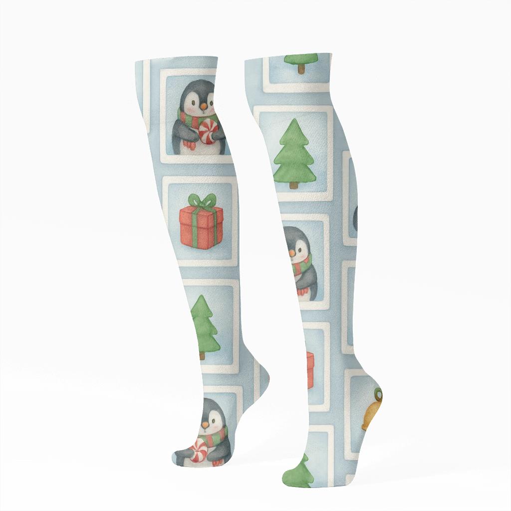 Peppermint Penguin Polaroid Grid On Icy Blue Background premium sports knee-high socks