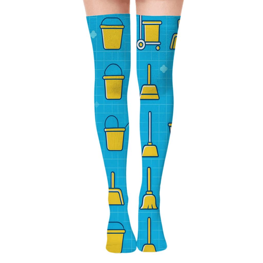 Cerulean Tile Grid With Janitor Icons designer print over-the-knee socks