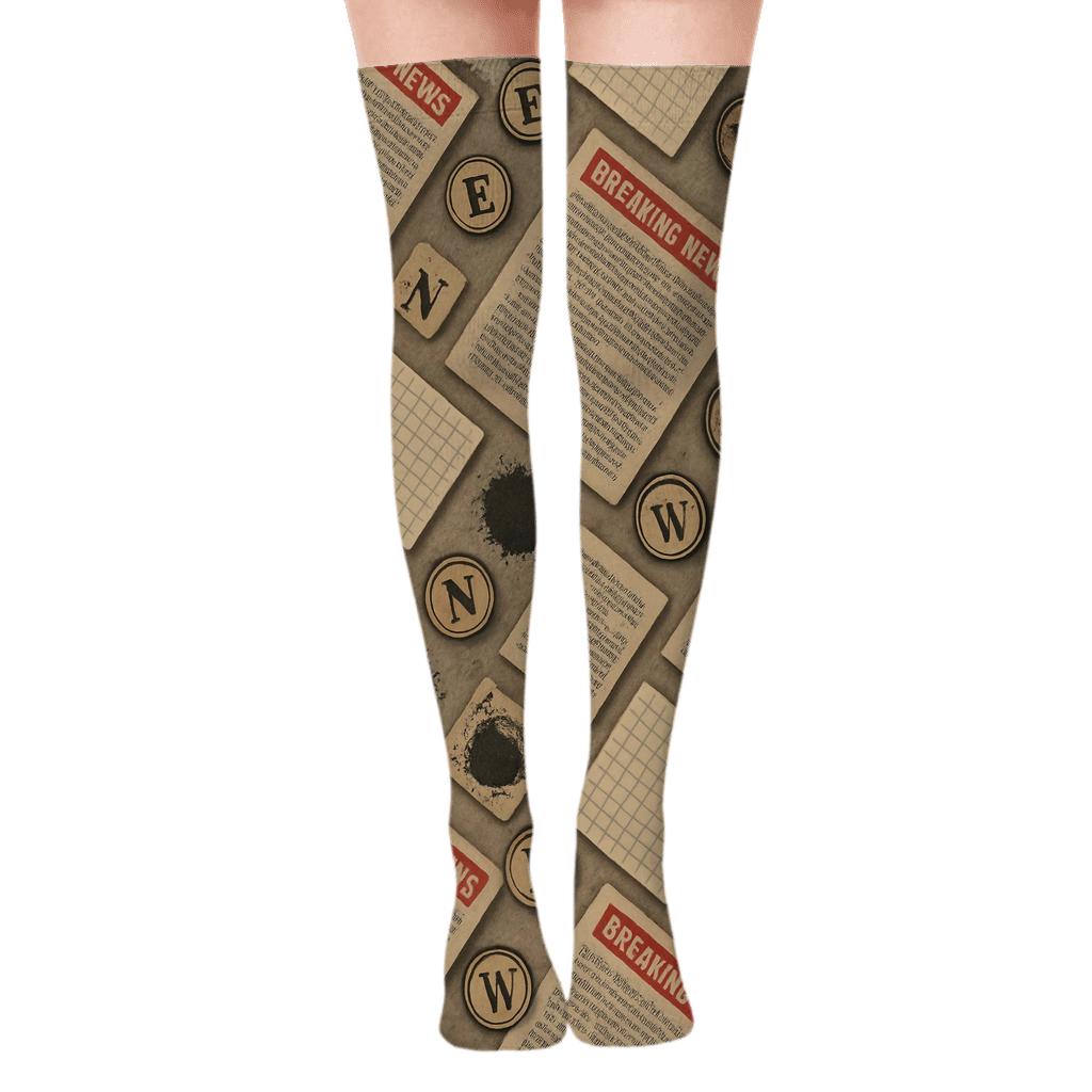 Journalist Newsprint Collage Lattice premium cozy over-the-knee socks