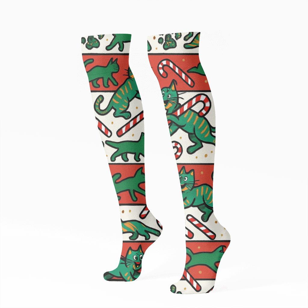 Candy Cane Cat Paw Stripe Bands On White Background soft everyday knee-high socks