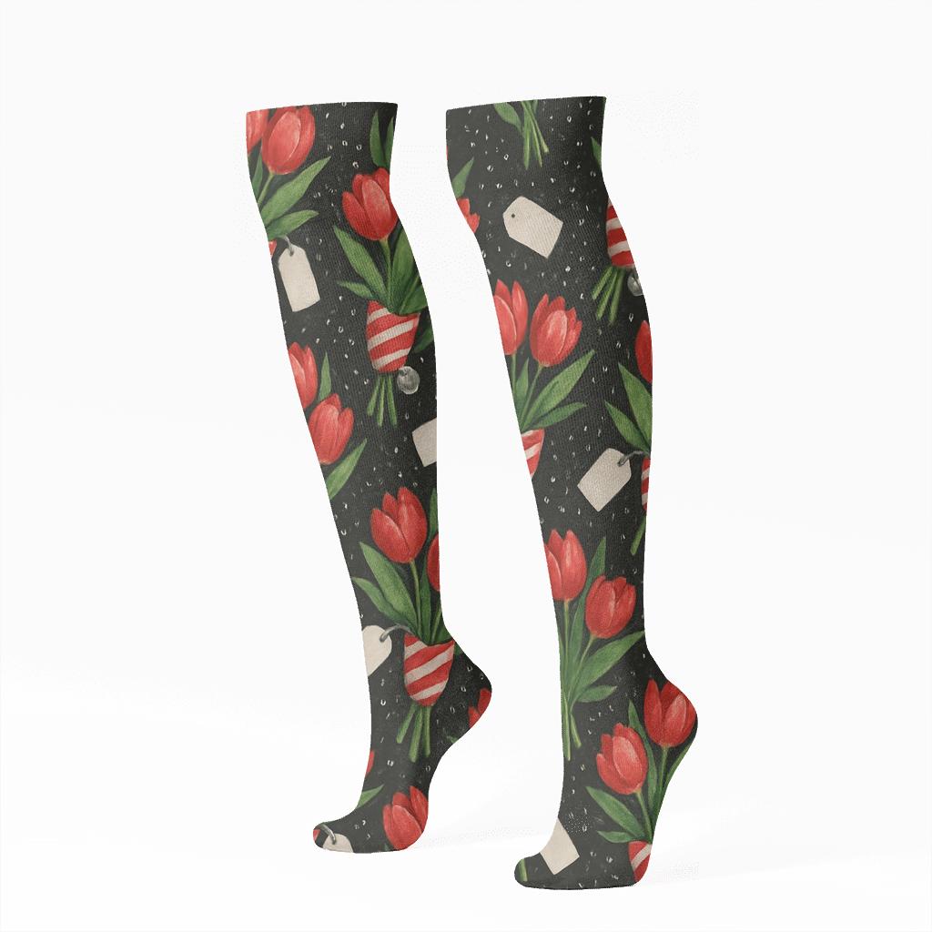 Watercolor Tulip Candy Cane Stripe Scatter On Black Background designer print knee-high socks
