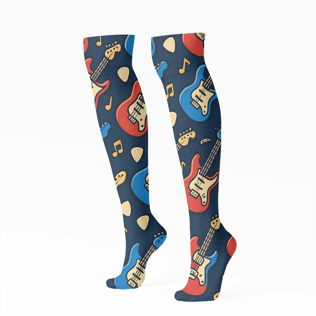 Jam-Ready Guitar Tessellation comfortable cotton knee-high socks