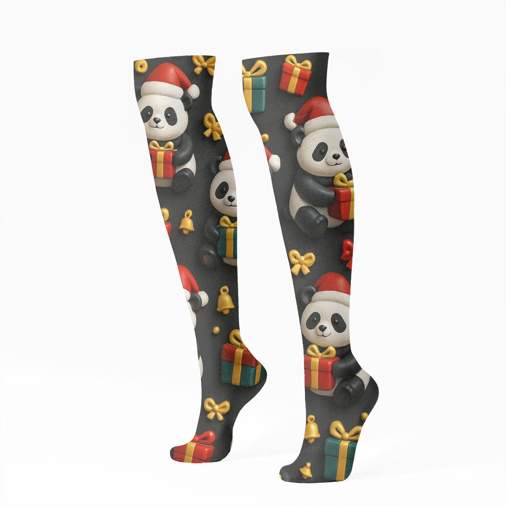 Frosted Gift Box Panda Scatter On Charcoal Background stylish athletic knee-high socks