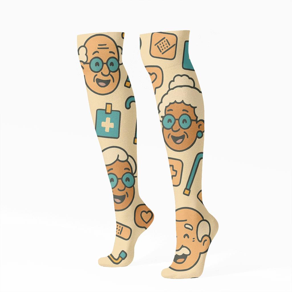 Smiling Faces And Care Tools Pattern For Elderly Care Worker trendy patterned knee-high socks