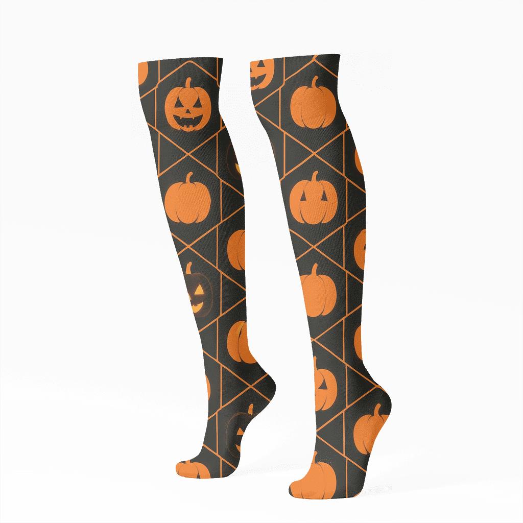 Orange Pumpkin Hex Tile Mosaic On Black Background soft everyday knee-high socks