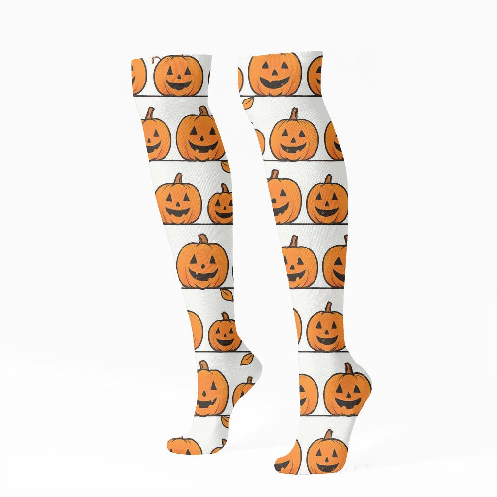 Carved Pumpkin Border Stripes on White Background Knee-High Socks