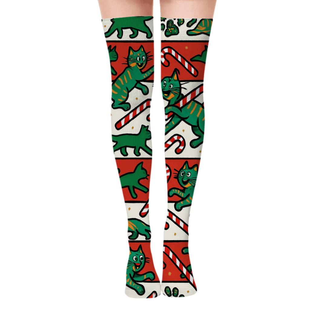 Candy Cane Cat Paw Stripe Bands On White Background unique graphic over-the-knee socks