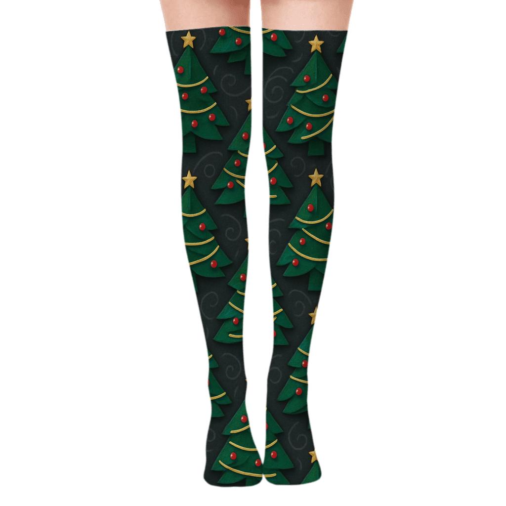 Christmas Tree Tessellation On Charcoal Field trendy patterned over-the-knee socks