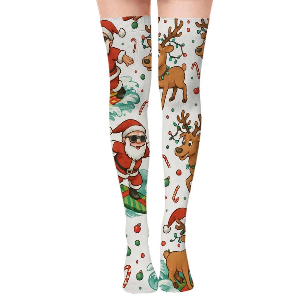 Santa Surfing Holiday Collage Repeat stylish fashion over-the-knee socks