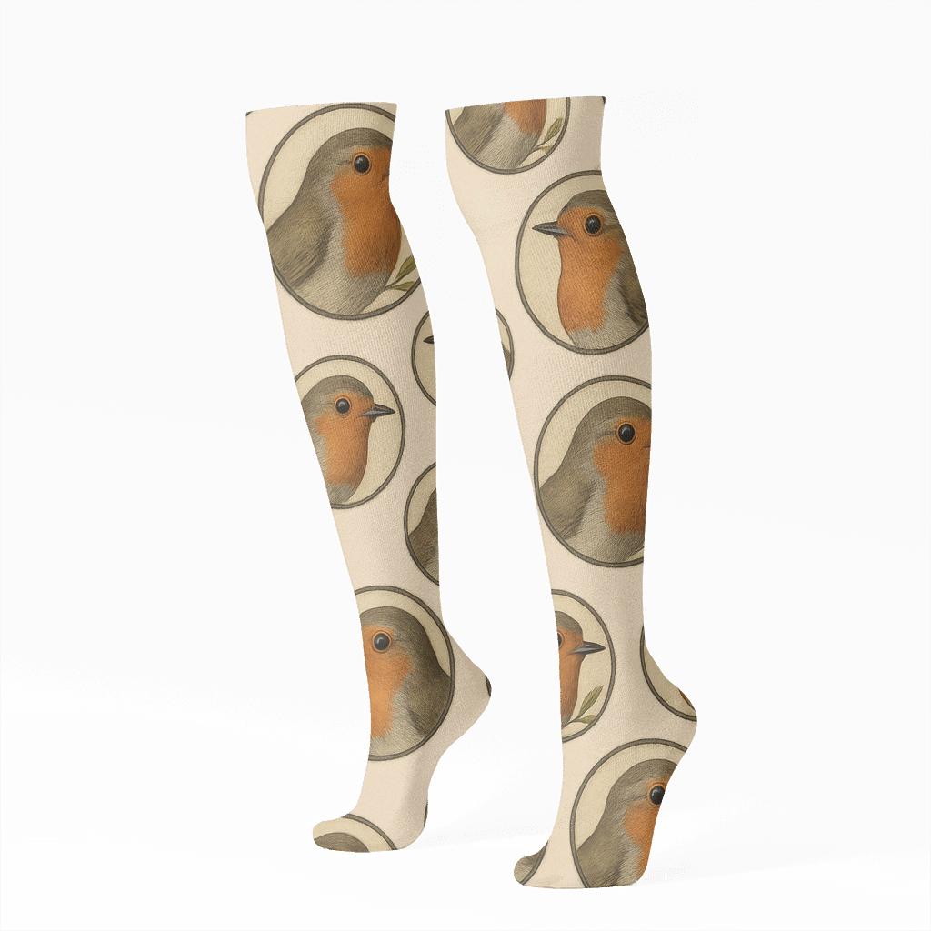 Robin Portrait Coins Scatter On Soft Beige Background trendy patterned knee-high socks