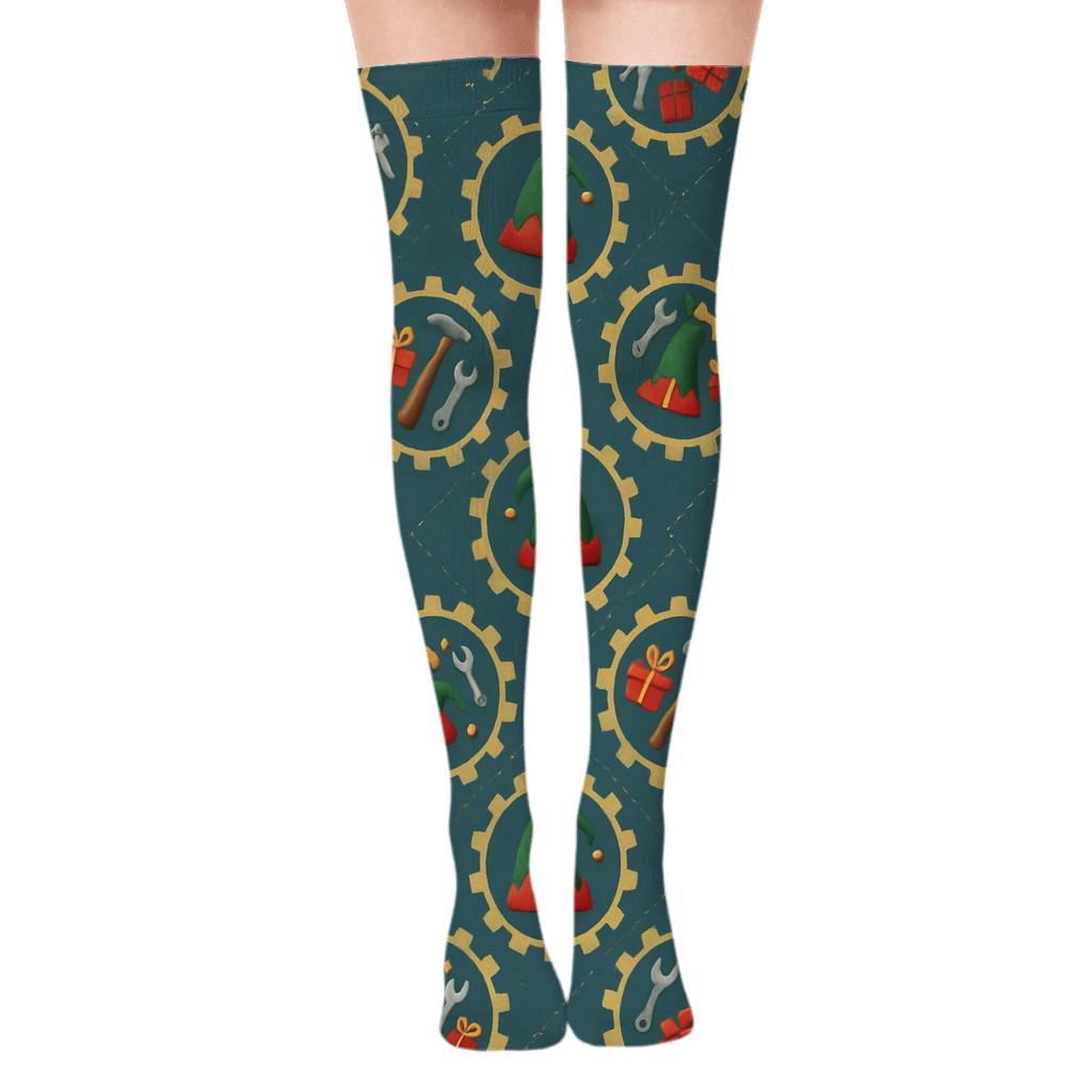 Elf Workshop Holiday Gearwheel Motifs designer print over-the-knee socks