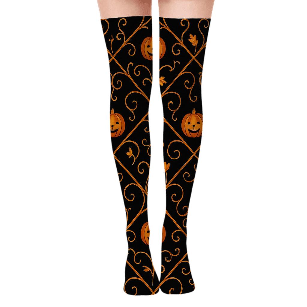 Orange Pumpkin Vine Lattice On Black Background personalized over-the-knee socks