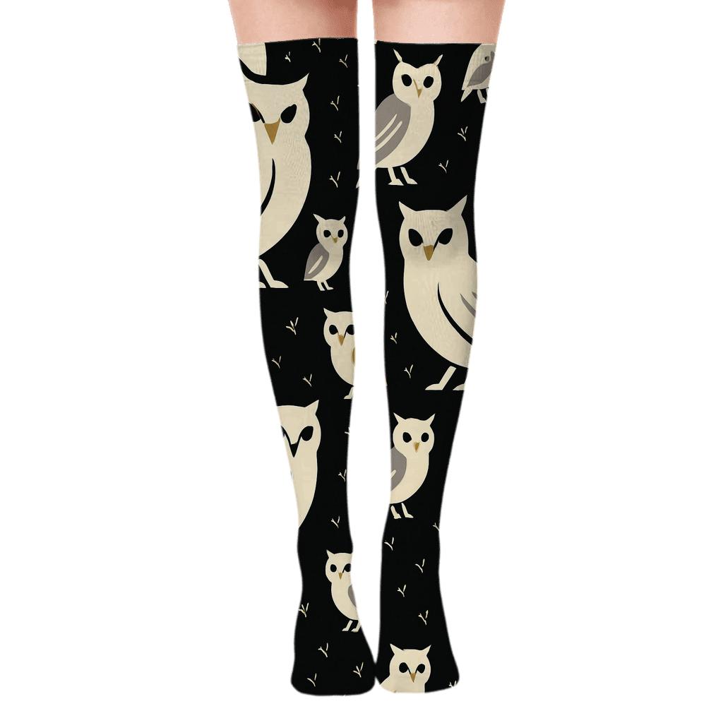Owl Silhouette Feather Accent Diagonal Array On Black Background personalized over-the-knee socks
