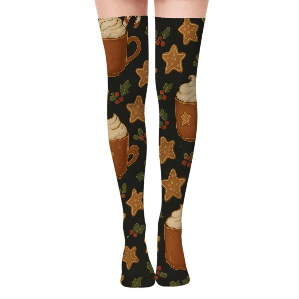 Vintage Cocoa Night Pattern With Candy Canes soft everyday over-the-knee socks