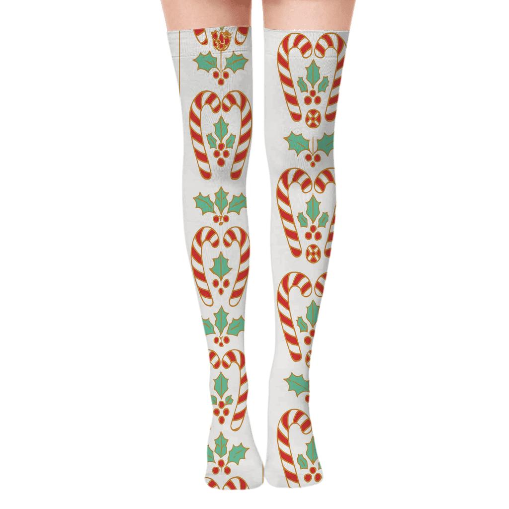 Holly And Candy Canes Mirror Pair Border Pattern premium cozy over-the-knee socks