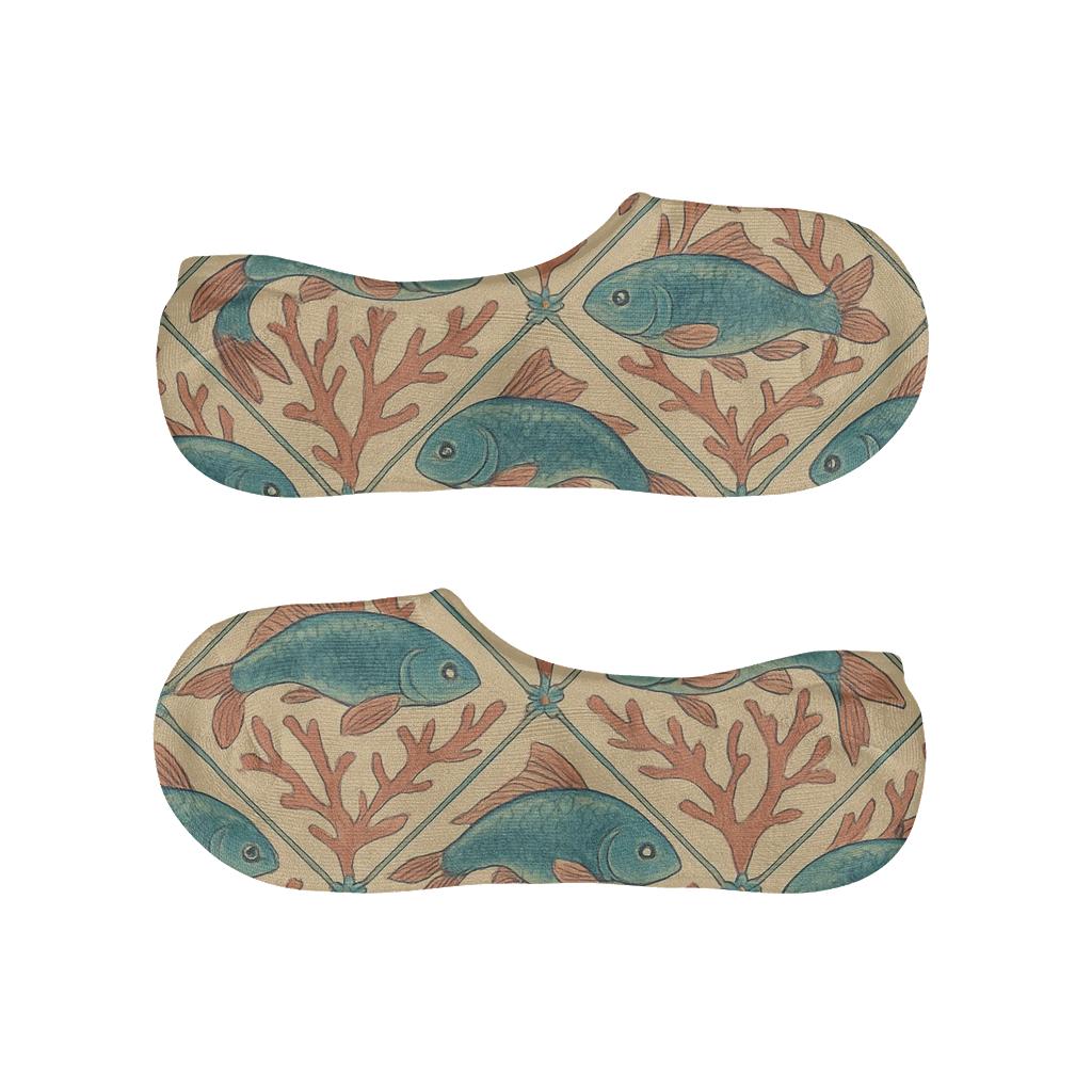 Koi Fish With Coral Lattice Tile On Sandy Beige custom no-show socks