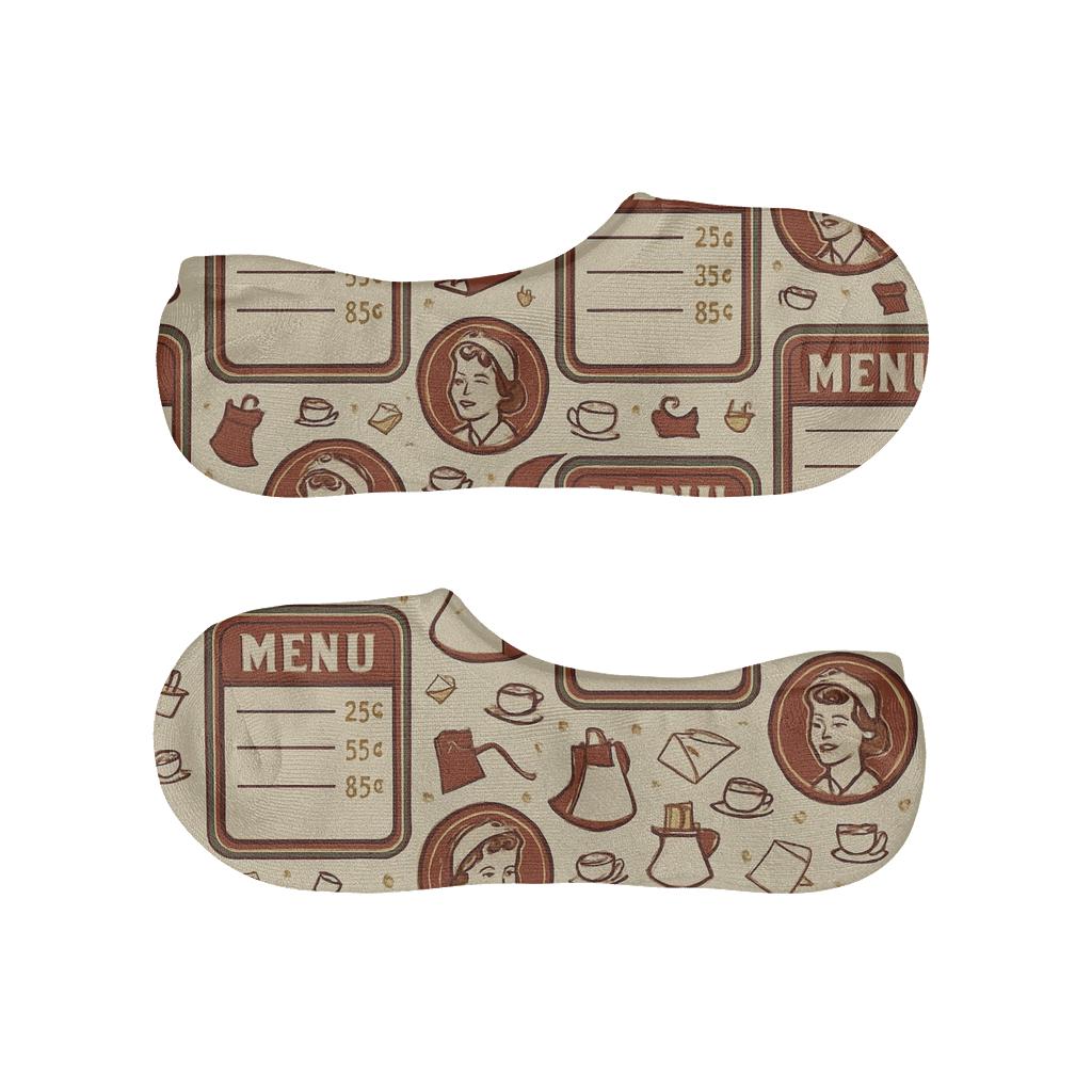 Menu Board Lattice With Waitress Portrait Medallions low cut no-show socks