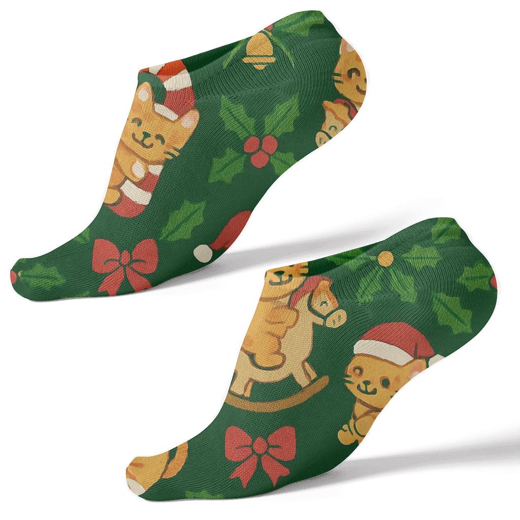 Candy Cane Cat Carousel Lattice On Deep Pine Green Background trendy patterned ankle socks