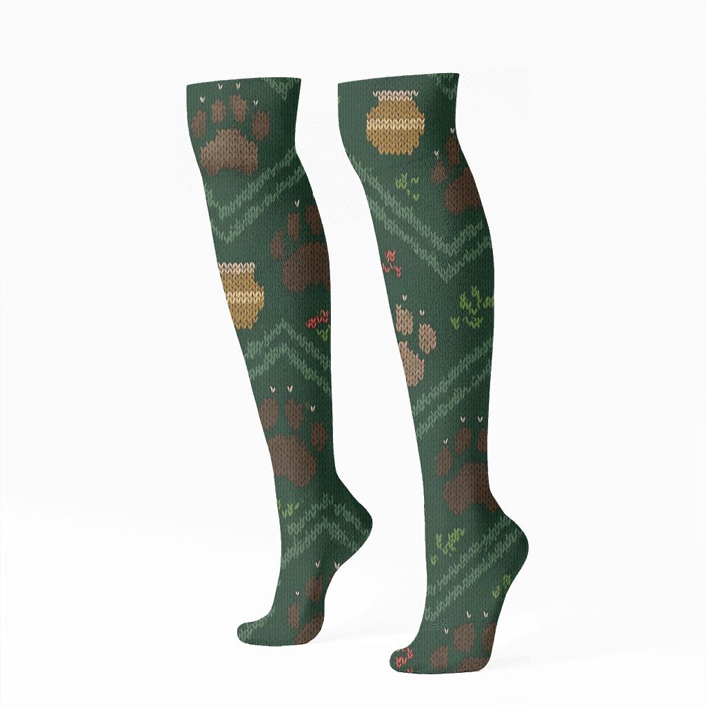 Forest Knit Illusion Bear Paw Chevron designer print knee-high socks