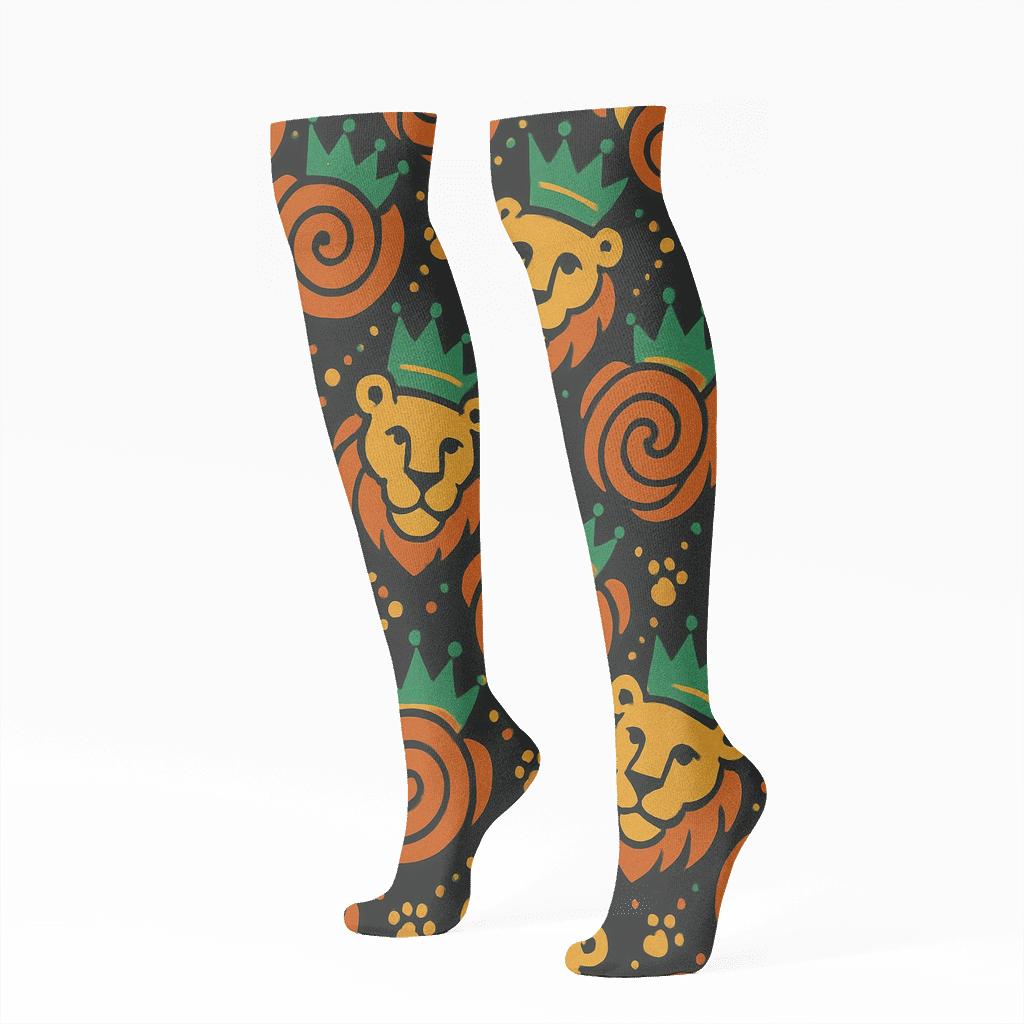 Lion Crown And Mane Chevron Grid stylish athletic knee-high socks