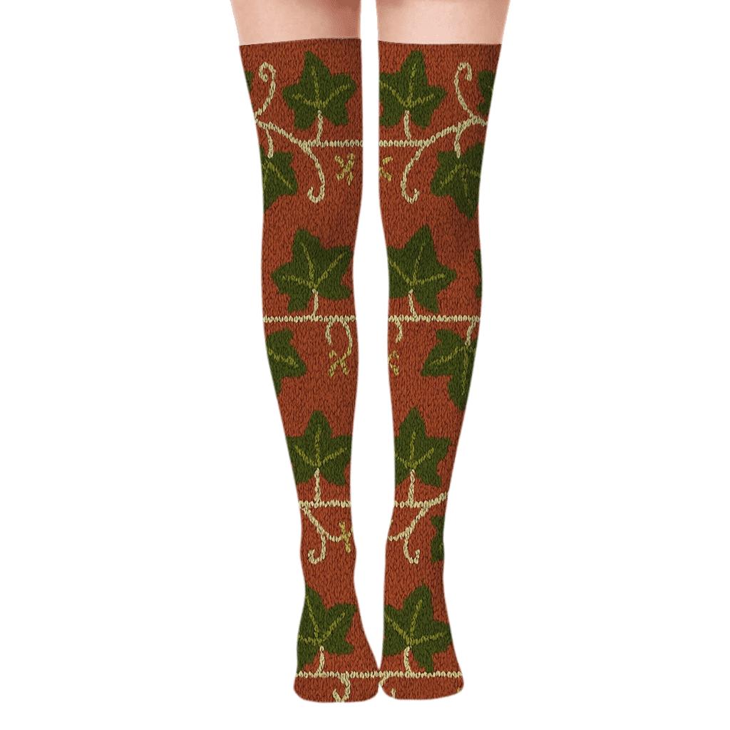 Knitted Ivy Trellis Bands On Warm Terracotta designer print over-the-knee socks