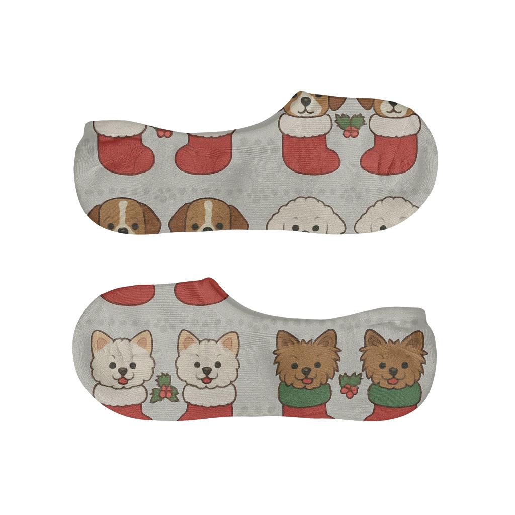 Dog Stocking Mirror Pair Border on Light Gray Background No Show Socks