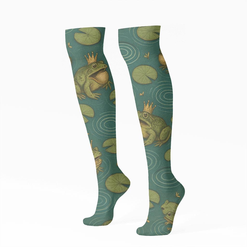 Pond Ripple Lattice With Frog Crowns stylish athletic knee-high socks