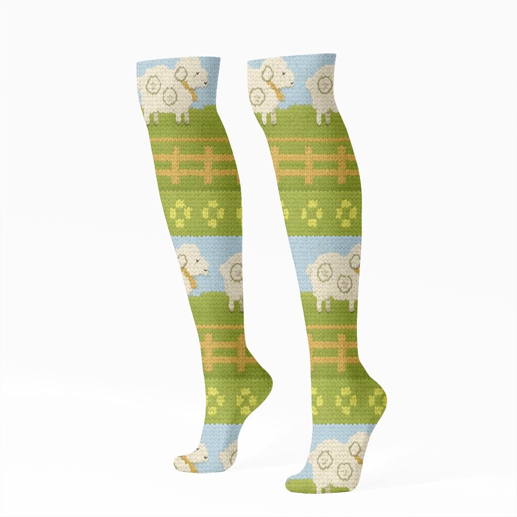 Rolling Hills Band Pattern With Sheep Motifs personalized knee-high socks