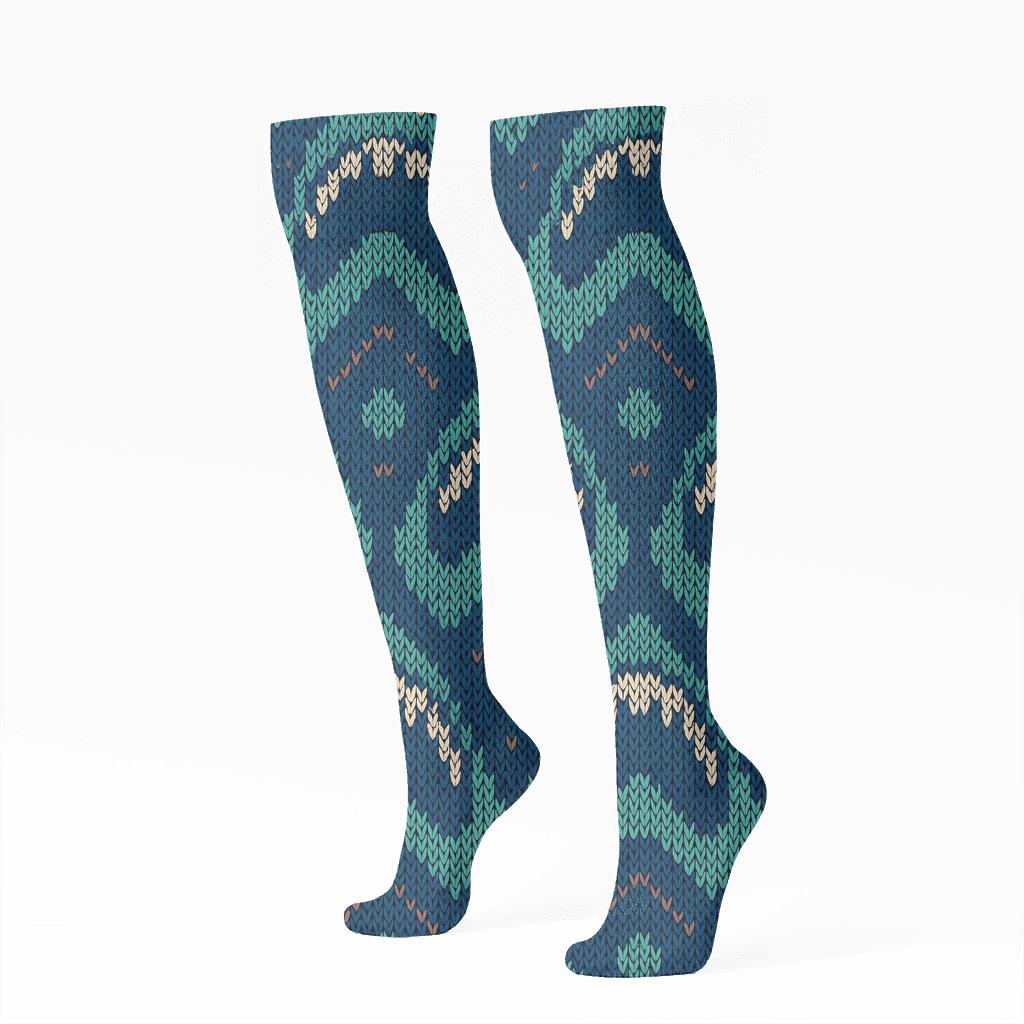 Knitted Illusion Shark Chevron Tiles trendy patterned knee-high socks
