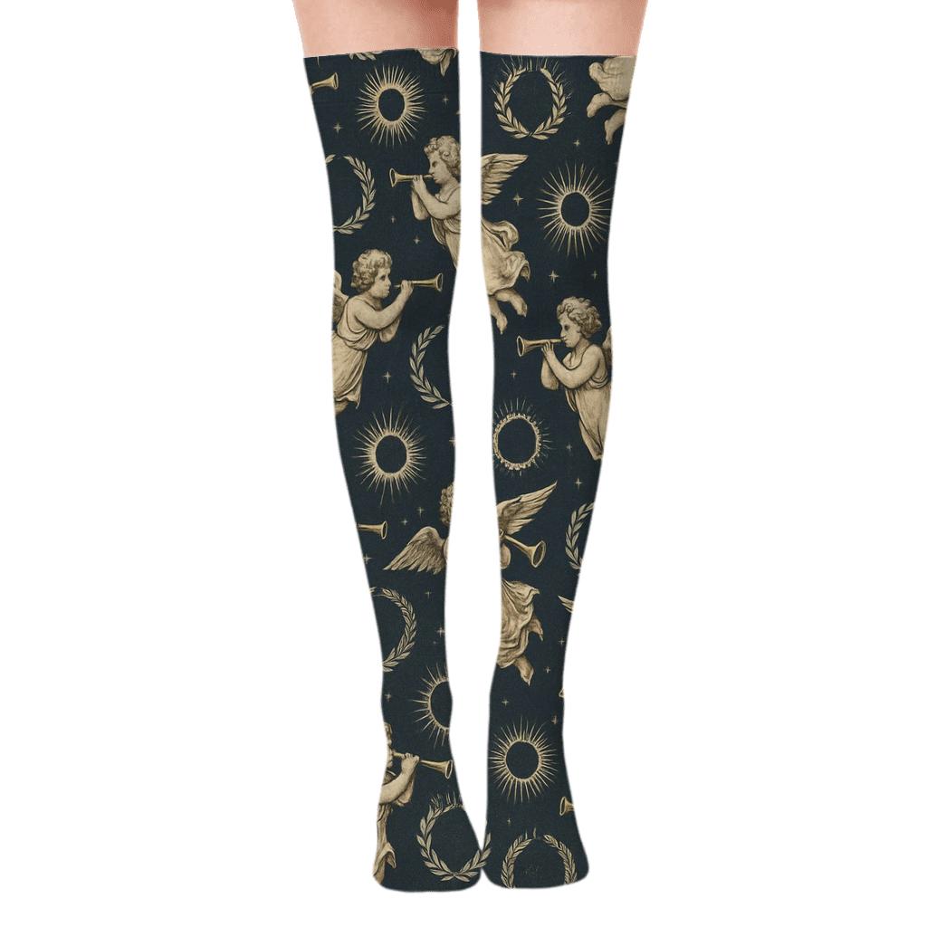 Vintage Celestial Poster Angel-Grade Chorus Pattern designer print over-the-knee socks