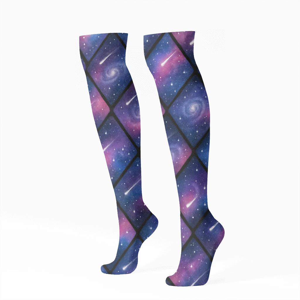 Cosmic Watercolor Nebula Tessellation On Black premium sports knee-high socks