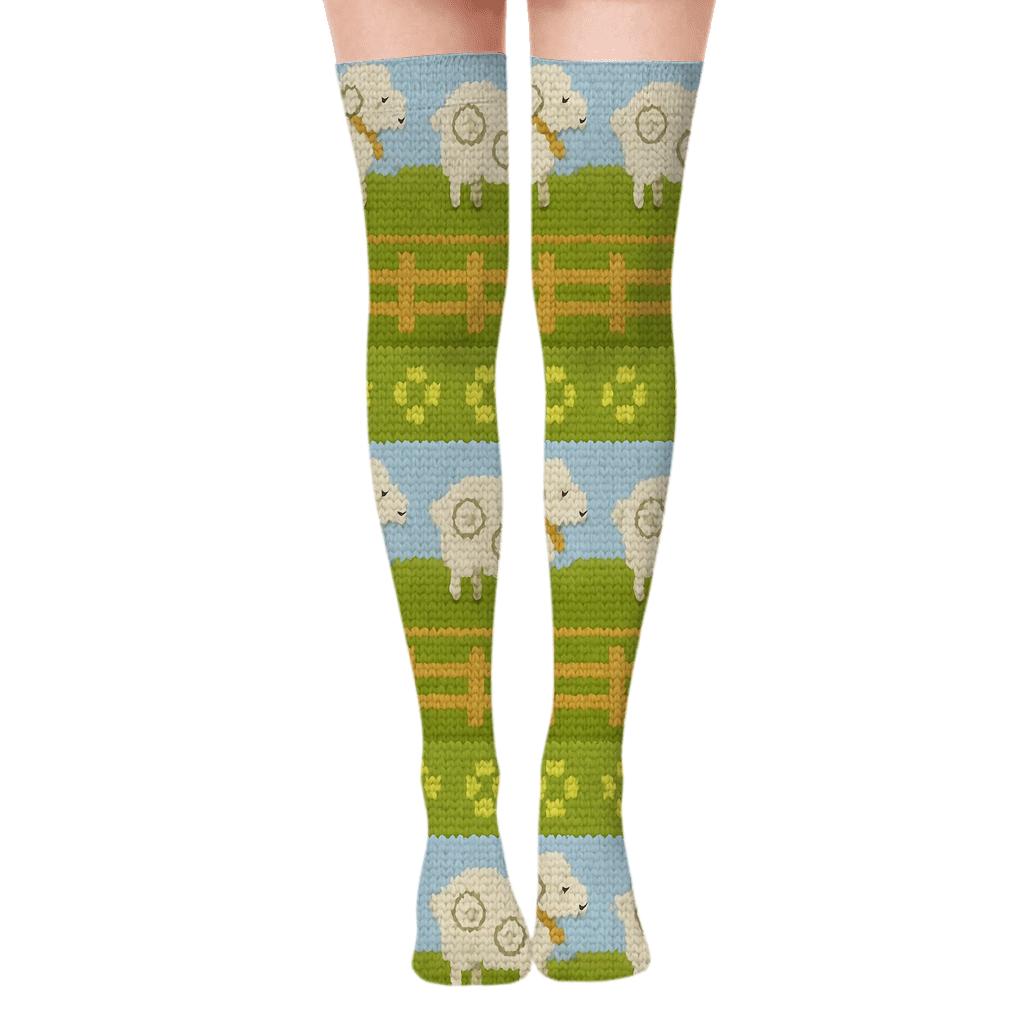 Rolling Hills Band Pattern With Sheep Motifs personalized over-the-knee socks