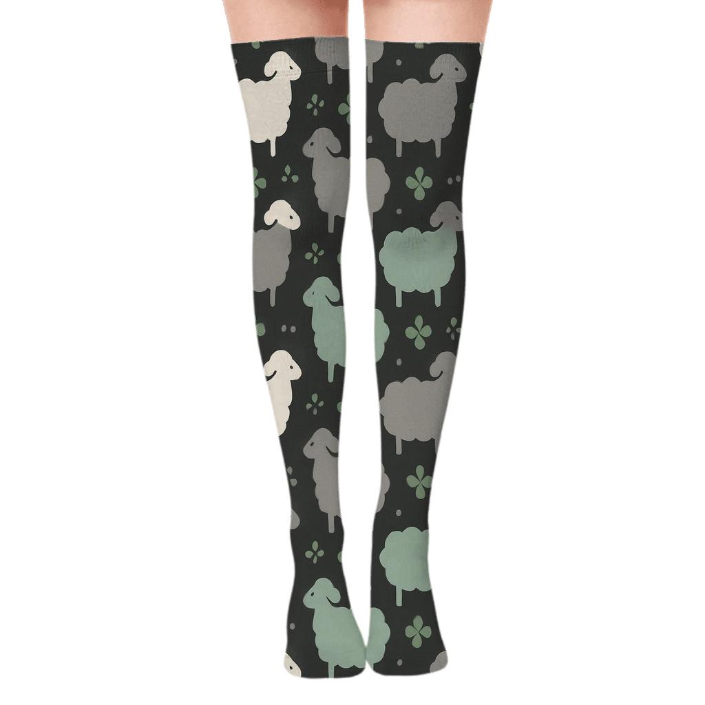 Sheep-Clover Lattice On Charcoal Field personalized over-the-knee socks